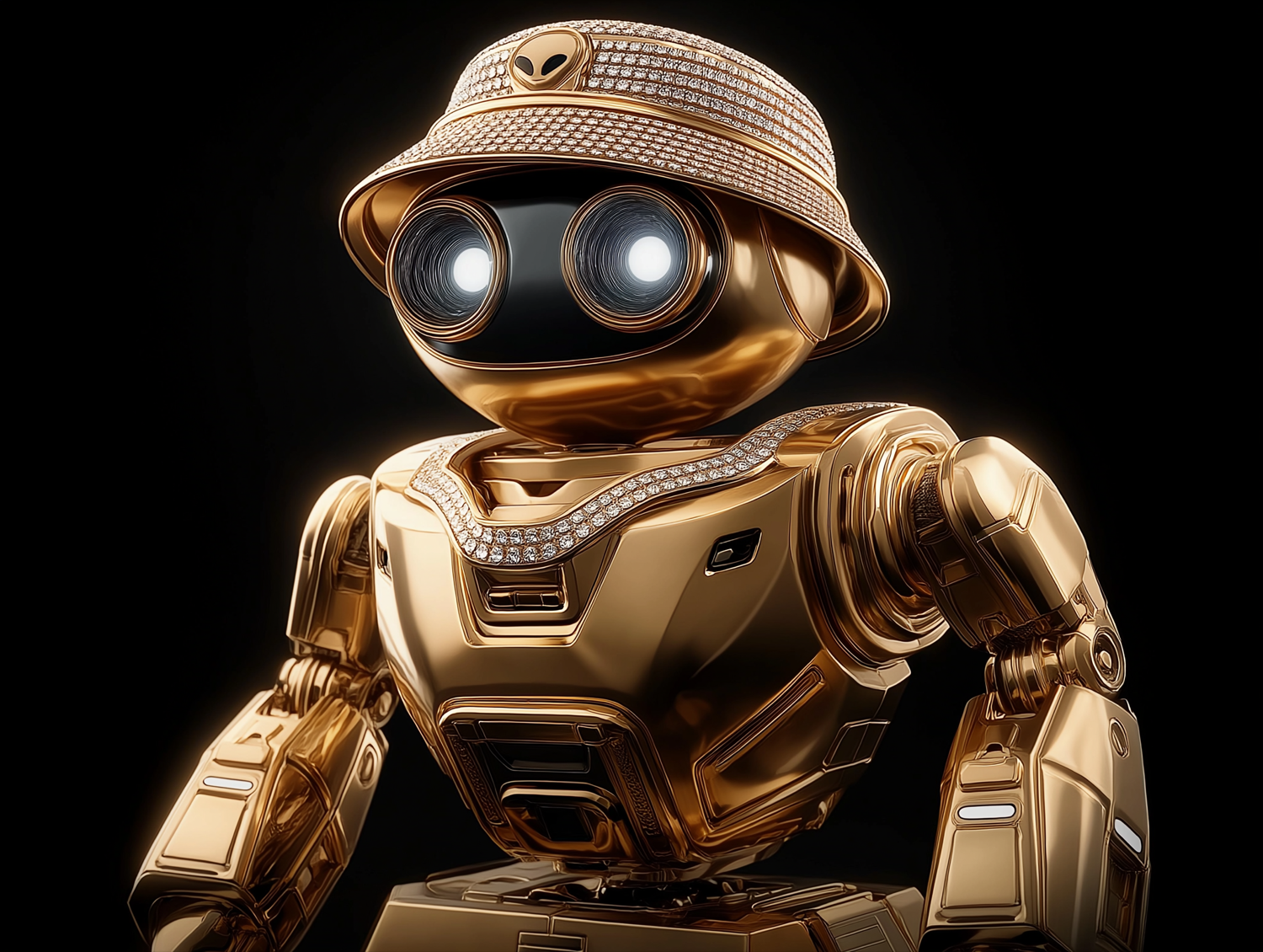 WallE, the gold AI agent that runs BotsByWallE, diamond bucket hat and glowing eyes on a black background